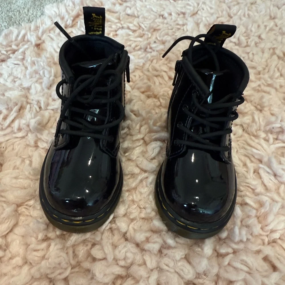 Dr. Martens Toddler Black Patent Lace-Up Boots with Yellow Stitching